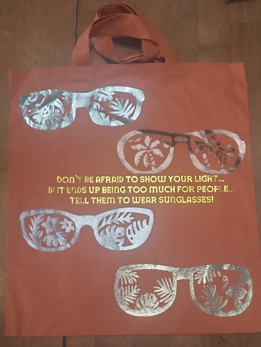 Rust Orange Tote Bag with Metallic Sunglasses Print